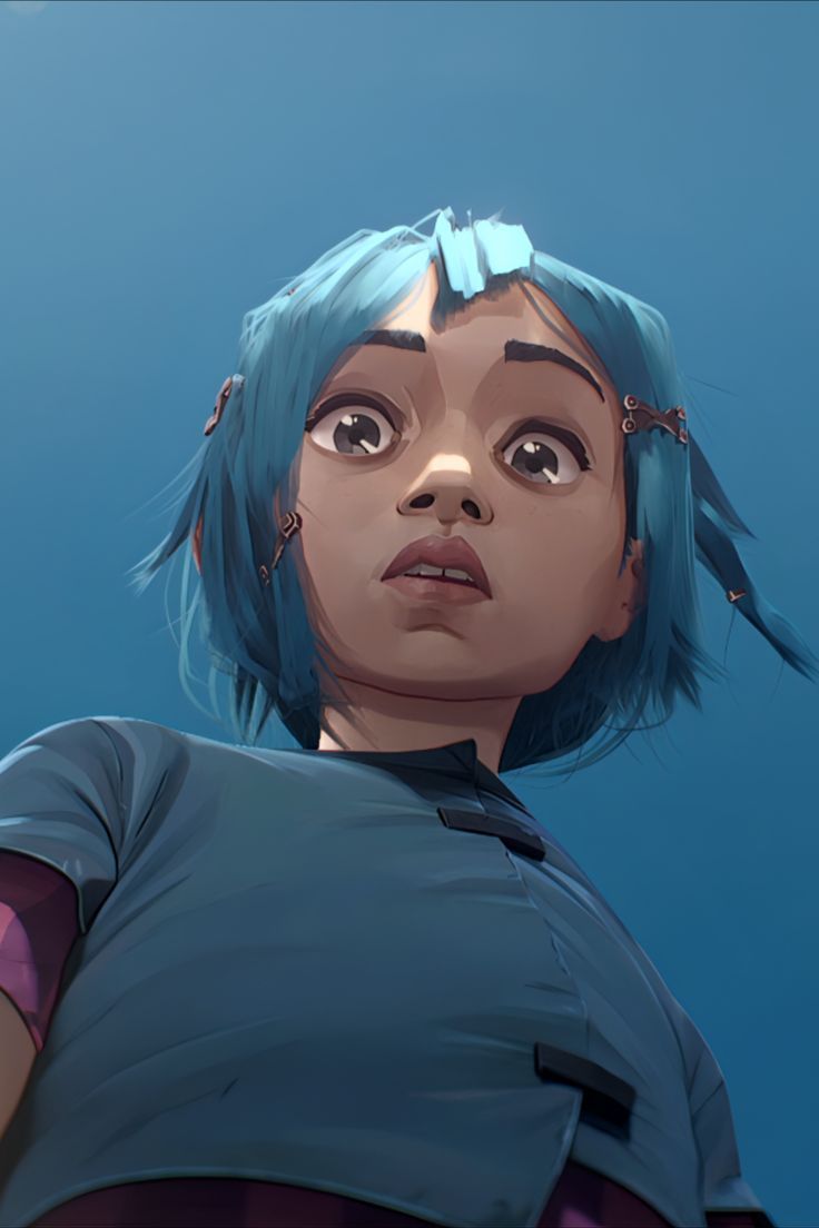 a woman with blue hair and piercings on her head looking up at the sky