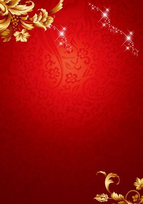 a red background with gold flowers and sparkles on the corner, as well as an ornate