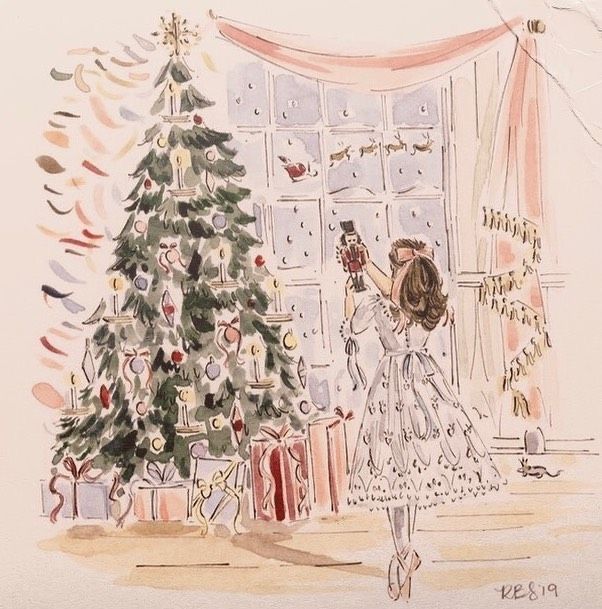 a watercolor drawing of a girl looking at a christmas tree in front of a window