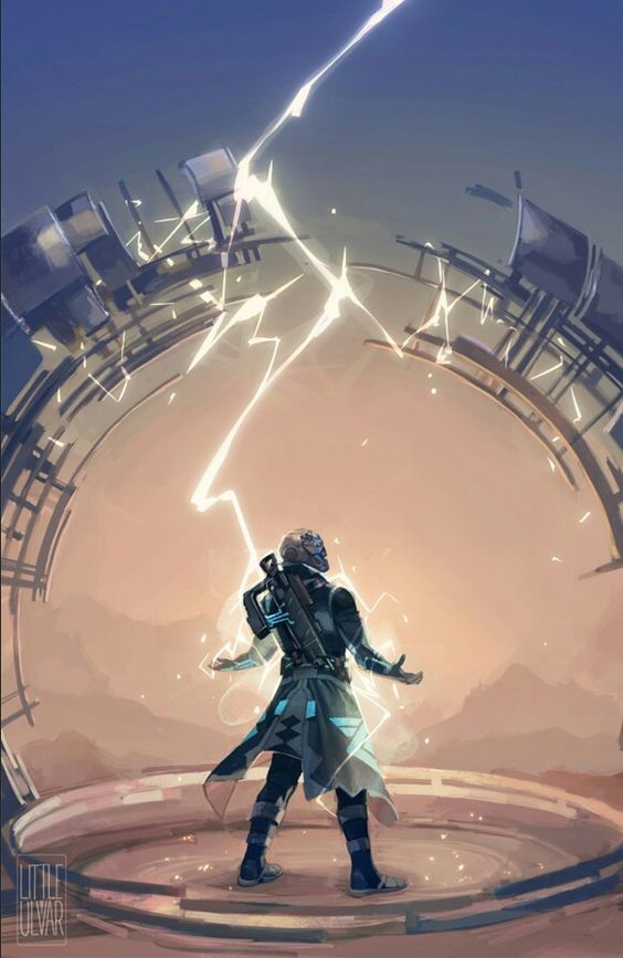 a man standing in front of a giant clock with lightning coming out of his face