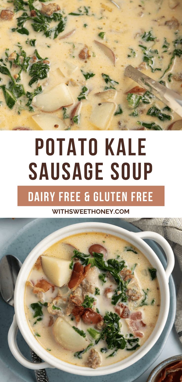 potato kale sausage soup in a white bowl on a blue plate with spoons