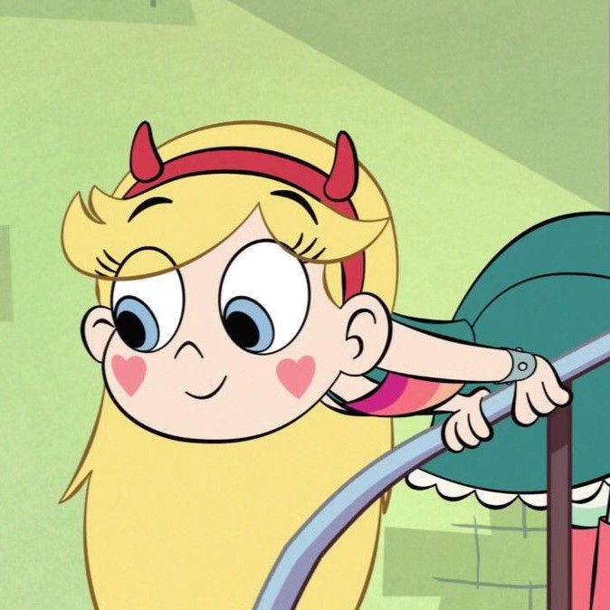 a cartoon girl with horns on her head leaning over a pole and looking at something