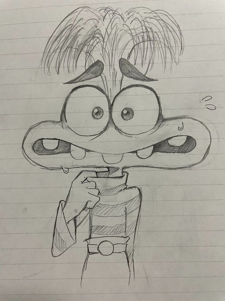 a pencil drawing of a cartoon character with big eyes and palm trees in the background