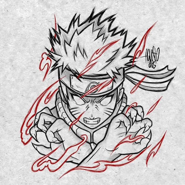 a drawing of the character gohan with red lines on his face and hands, in front of a white background