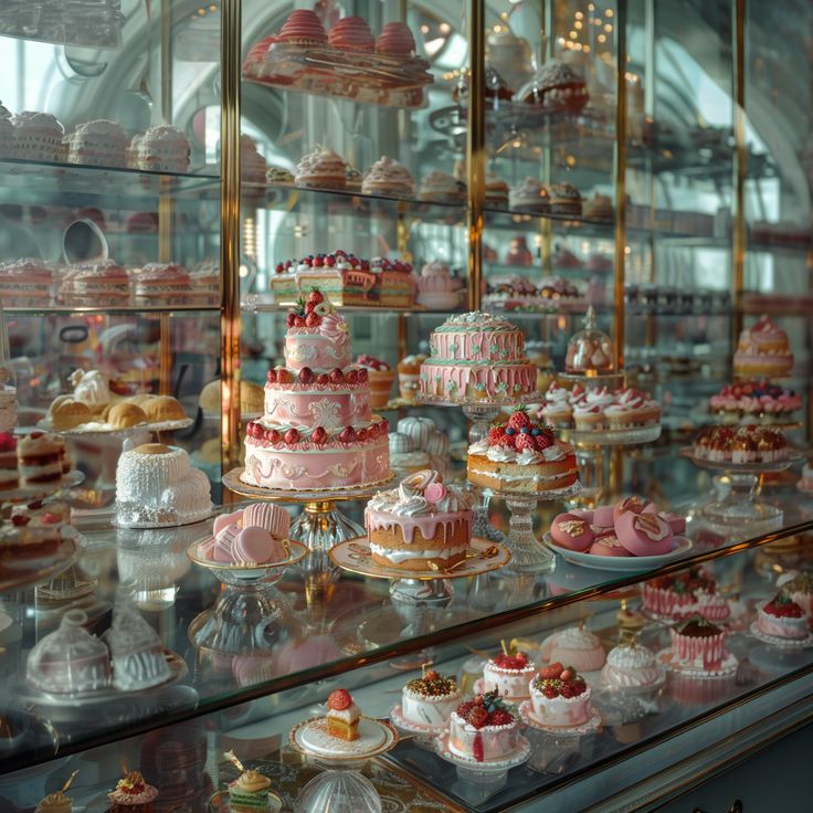 a display case filled with lots of different types of cakes