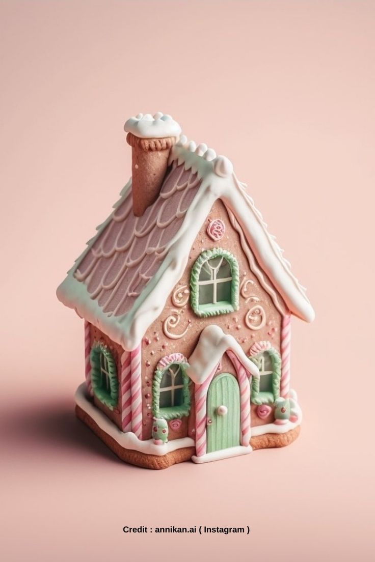 a small gingerbread house with candy canes on the roof and windows is shown in front of a pink background