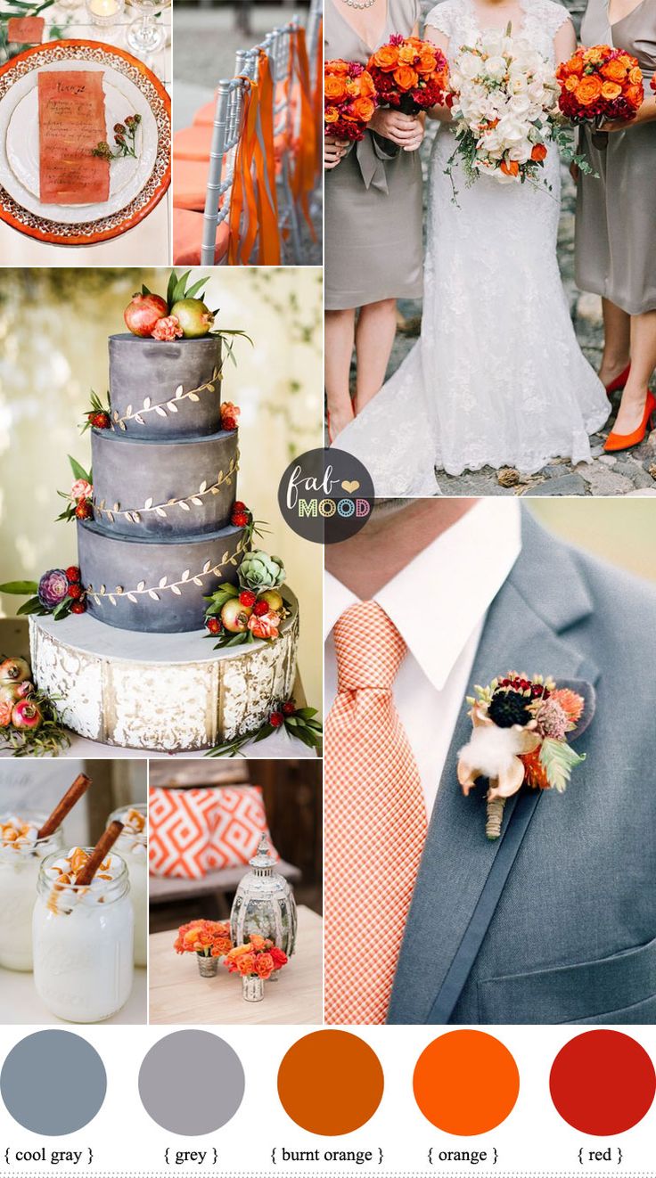 an orange and gray wedding color scheme