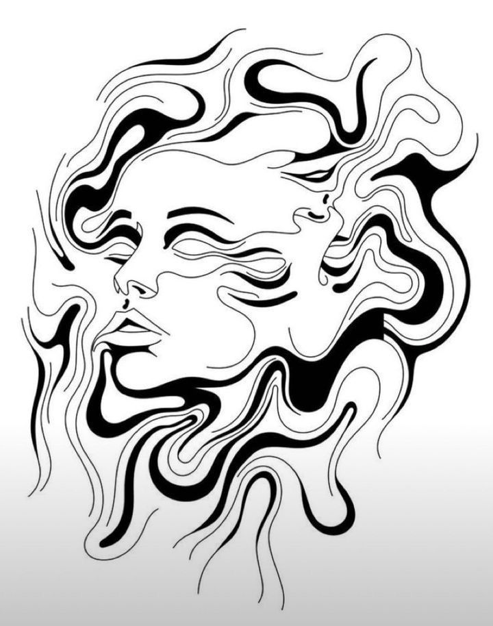 a woman's face with wavy hair and eyes, drawn in black on white paper