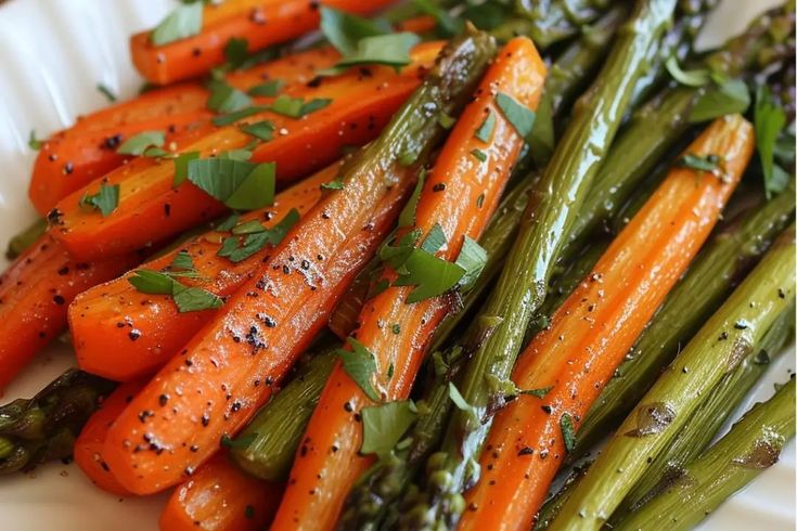 asparagus, carrots and other vegetables on a white plate with parsley