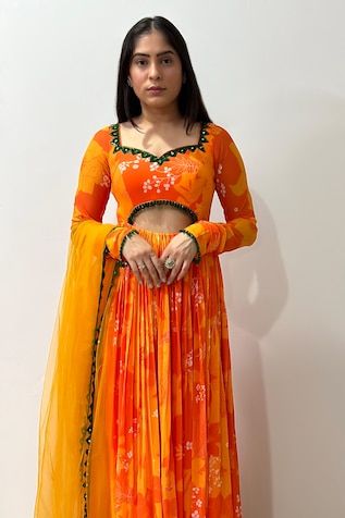 Yellow, orange padded anarkali with bloom print and sequin, mirror, crystal drops embroidered neckline and waist in front. Paired with border embroidered dupatta. - Aza Fashions Anarkali Style Orange Lehenga For Navratri, Designer Orange Anarkali Set With Sheer Dupatta, Bollywood Style Orange Choli With Dori Work, Orange Designer Choli With Dori Work, Designer Orange Choli With Dori Work, Designer Bollywood Choli In Orange, Designer Bollywood Orange Choli, Orange Choli With Sheer Dupatta For Festivals, Anarkali-style Orange Lehenga For Navratri