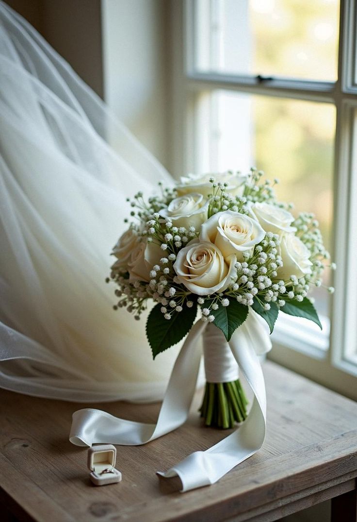 a bouquet of white roses and baby's breath sits on a table next to a window