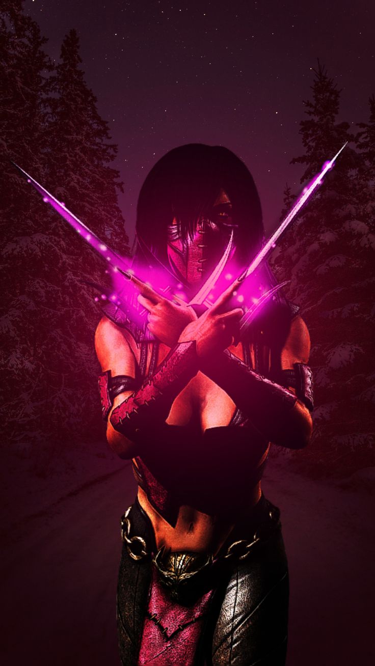 a woman holding two swords in front of her face with trees in the background at night