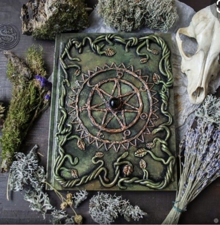 an old book is surrounded by dried herbs and other things to make it look like a pentagramil