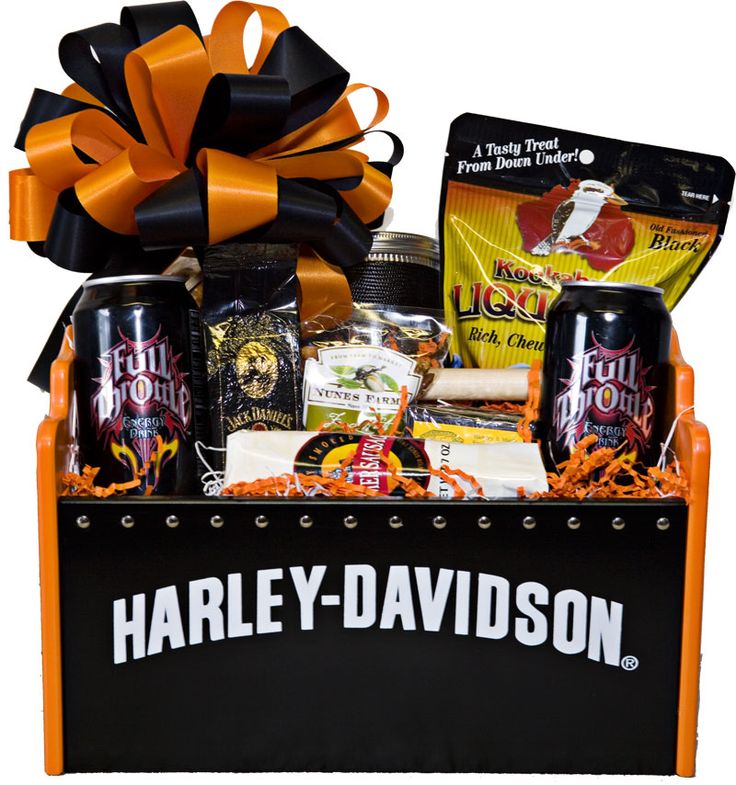 the harley davidson gift basket is packed with beer, snacks, and treats for halloween