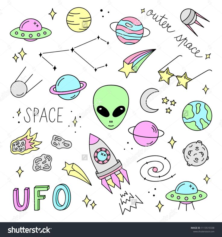 an alien space theme with stars, planets and other objects on white background stock photo