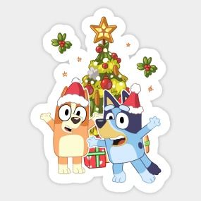 two cartoon characters are standing in front of a christmas tree with presents on it and an ornament hanging from the top