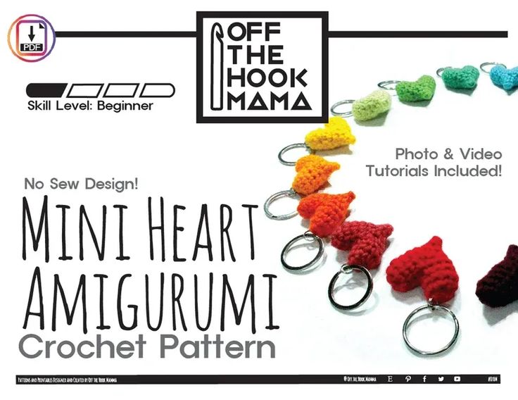 the crochet pattern for mini heart amigurm keychains is shown