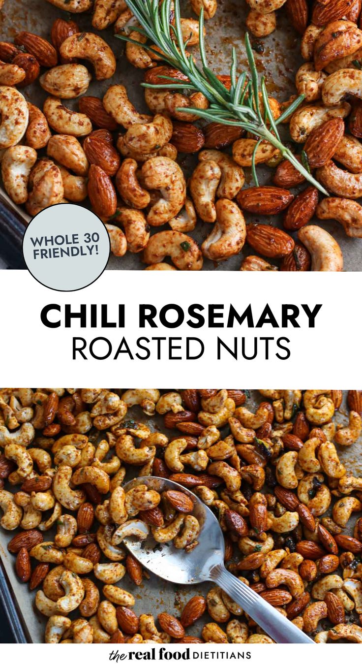 roasted nuts with rosemary sprigs on top and the title reads chili rosemary roasted nuts