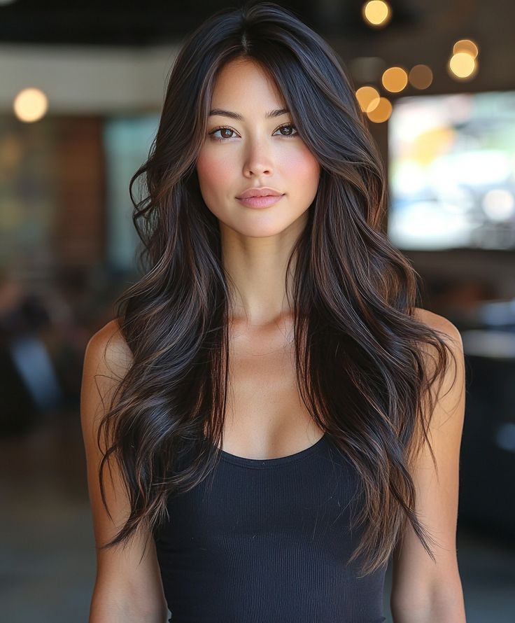 Elegant Long Layers with Dark Fall Hair Colors Asian 🍂 Lowlights For Asian Hair, Popular Layered Haircuts, Long Dark Brown Hair Layers, Long Dark Hair With Subtle Highlights, Natural Hair Color Asian, Long Hair With Layers Asian, Asian Hair Styles Long, Asian Winter Hair Color, Long Layered Haircuts Asian Hair