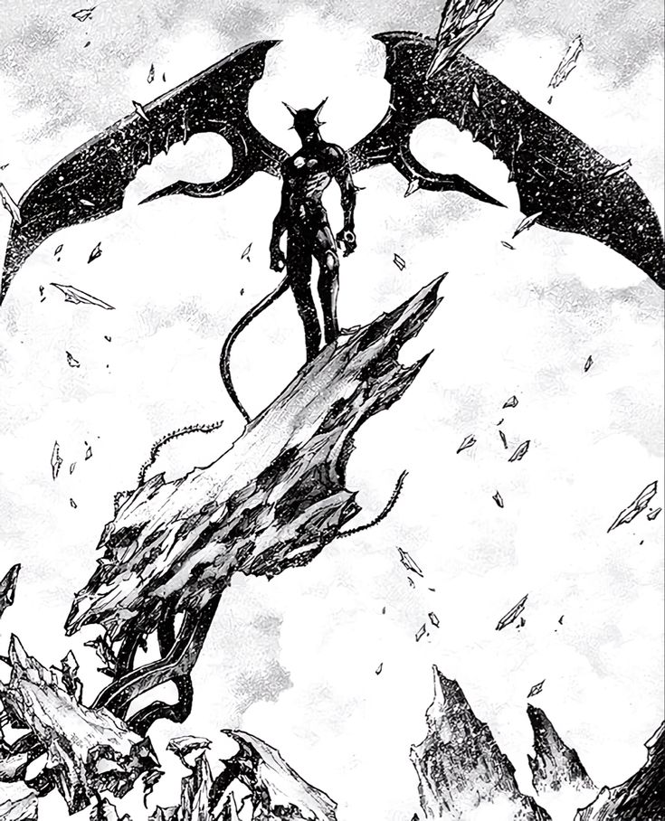 a black and white drawing of a demon standing on top of a mountain