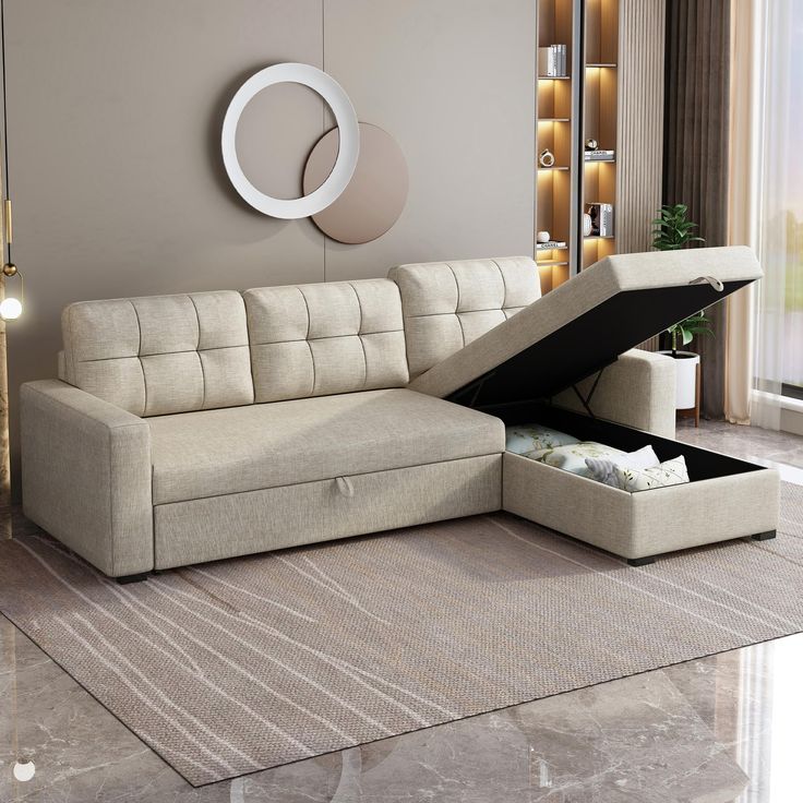 a living room scene with focus on the sectional sofa and open storage compartment in the middle