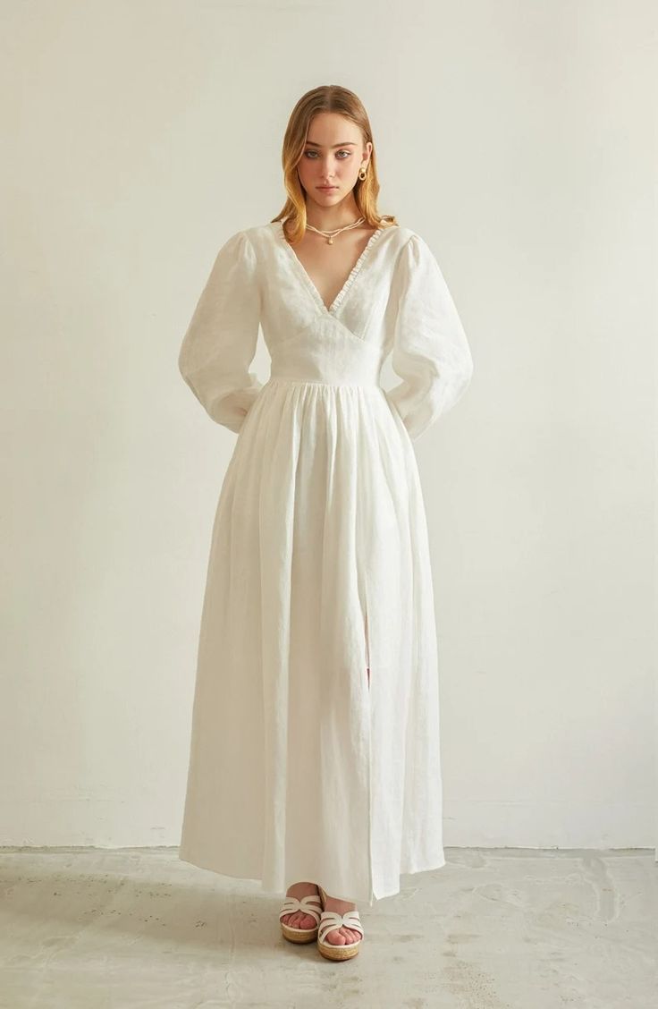 Arabella Maxi Linen Dress in White Long Sleeves Linen Dress, Maxi Linen Summer Dress, Pure Linen Clothing, White Wedding Linen Dress - Etsy Canada Cozy White Dress, Classic Dress Silhouette, White Tiered Maxi Dress, Modest Elopement Dress, Linen Dress Long Sleeve, Linen Modest Dress, French Maxi Dress, Easy Long Dress Pattern, White Long Sleeve Flowy Dress