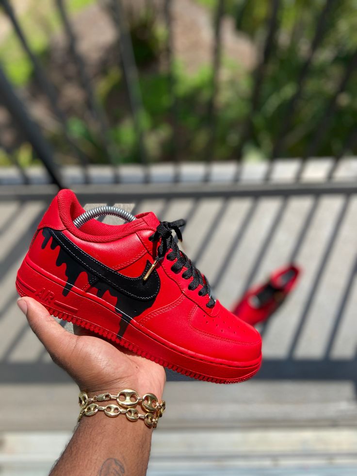 Custom Red Drip Air Force 1s. - Kiaun's Customs All Red Nike Shoes, 270 Nike Shoes, Orange Nike Shoes, Red Drip, Gray Nike Shoes, Red Nike Shoes, Black Air Force 1, Nike Shoes Blue, Nike Shoes Women Fashion