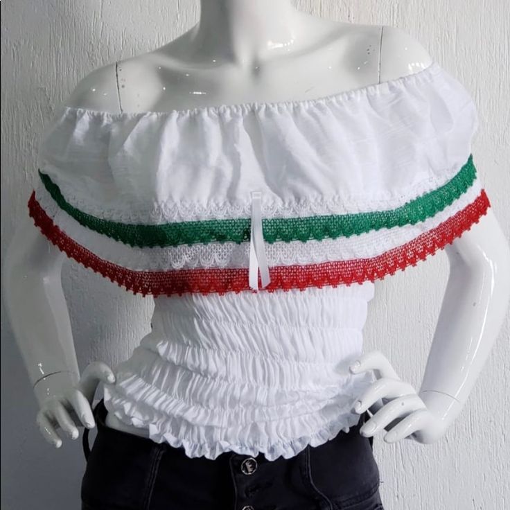 Artisanal Campesina Blouse White Whit Elastic Band All Around The Bottom Whit Ruffle And Ribbons Green , White And Red ,This Colors Represents The Mexican Independence Colors White Fitted Top For Festivals, White Fitted Top For Festival, Traditional White Fitted Top, Traditional White Summer Tops, White Traditional Summer Tops, Mexican Top, Mexican Independence, Blouse White, White And Red