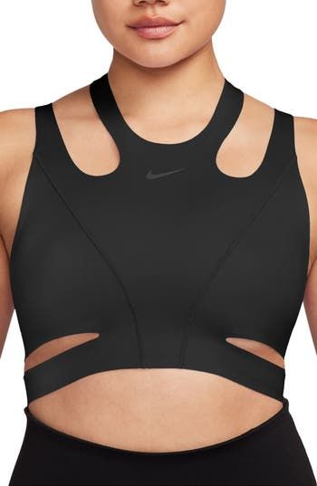 Cutout designs play up the sporty, contemporary style of a moisture-wicking sports bra that offers lightweight support for everyday wear. Dri-FIT moisture-wicking technology Chafe-reducing raw hems Midweight InfinaLock fabric 68% nylon, 32% spandex Machine wash, line dry Imported Nike Sports Bra With Built-in Padding, Sporty Black Sports Bra With Mesh Back, Black Sporty Sports Bra With Mesh Back, Nike Sports Bra With Light Support, Technical Black Sports Bra For Gym, Technical Black Sports Bra For Workout, Modern Moisture-wicking Activewear For Workout, Black Sweat-resistant Sleeveless Sports Bra, Black Sweat Resistant Sleeveless Sports Bra