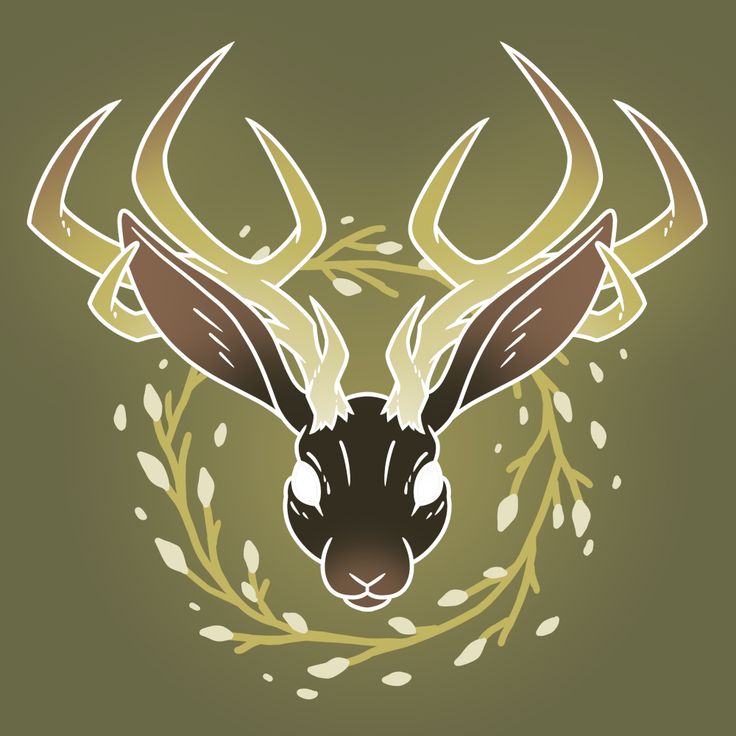 a deer's head with antlers and leaves on the side, in front of an olive green background