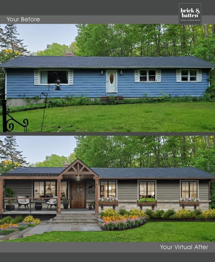 before and after photos of a blue house