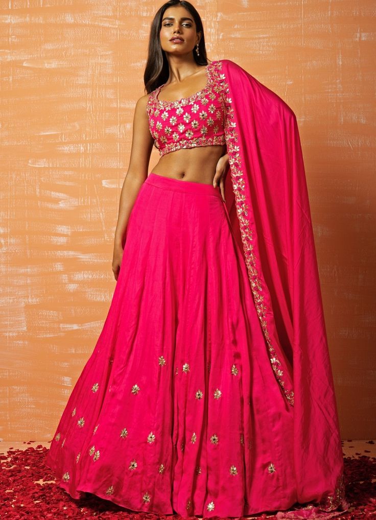 Rani Pink Mirror and Gota Lehenga Set QAT By Agni - Fabilicious Fashion Hot Pink Lehenga, Plain Lehenga, Gold Lehenga, Hot Pink Blouses, Raw Silk Lehenga, Rani Pink, Yellow Lehenga, Ivory Blouse, Blue Lehenga