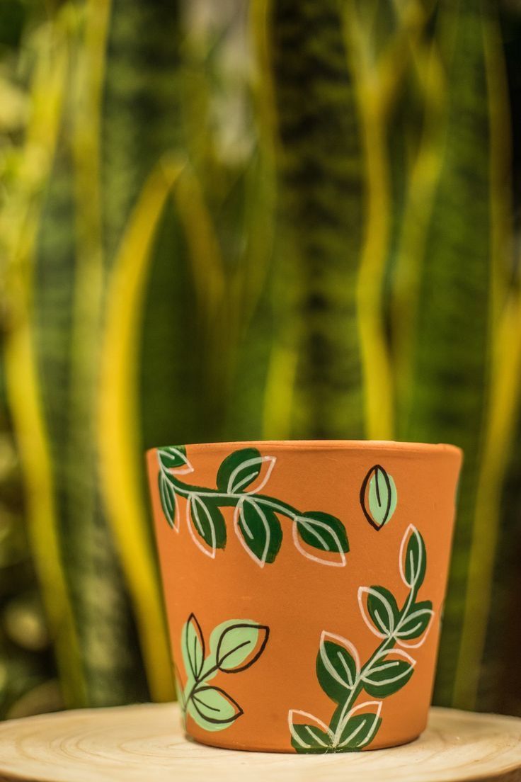 an orange planter with green leaves on it sitting on a wooden table next to a potted plant