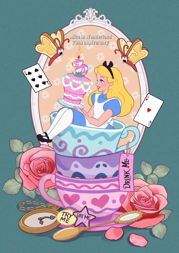 a cartoon character sitting in a teacup with a cake and playing cards on it