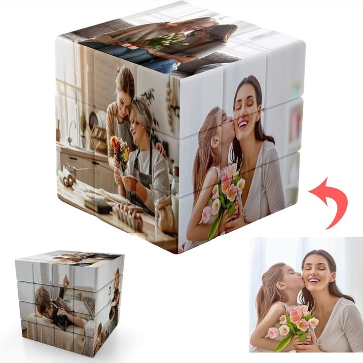 two women and a child are shown in this photo wrapped present box with the image of them kissing