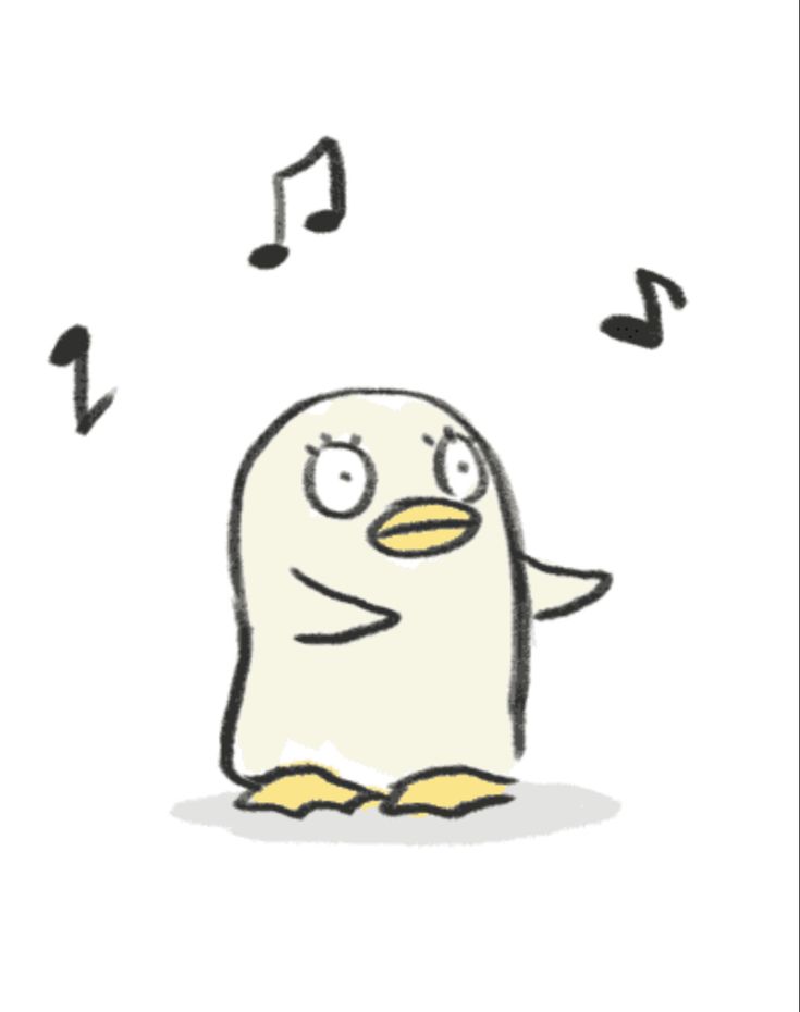 a cartoon penguin with music notes coming out of its ears