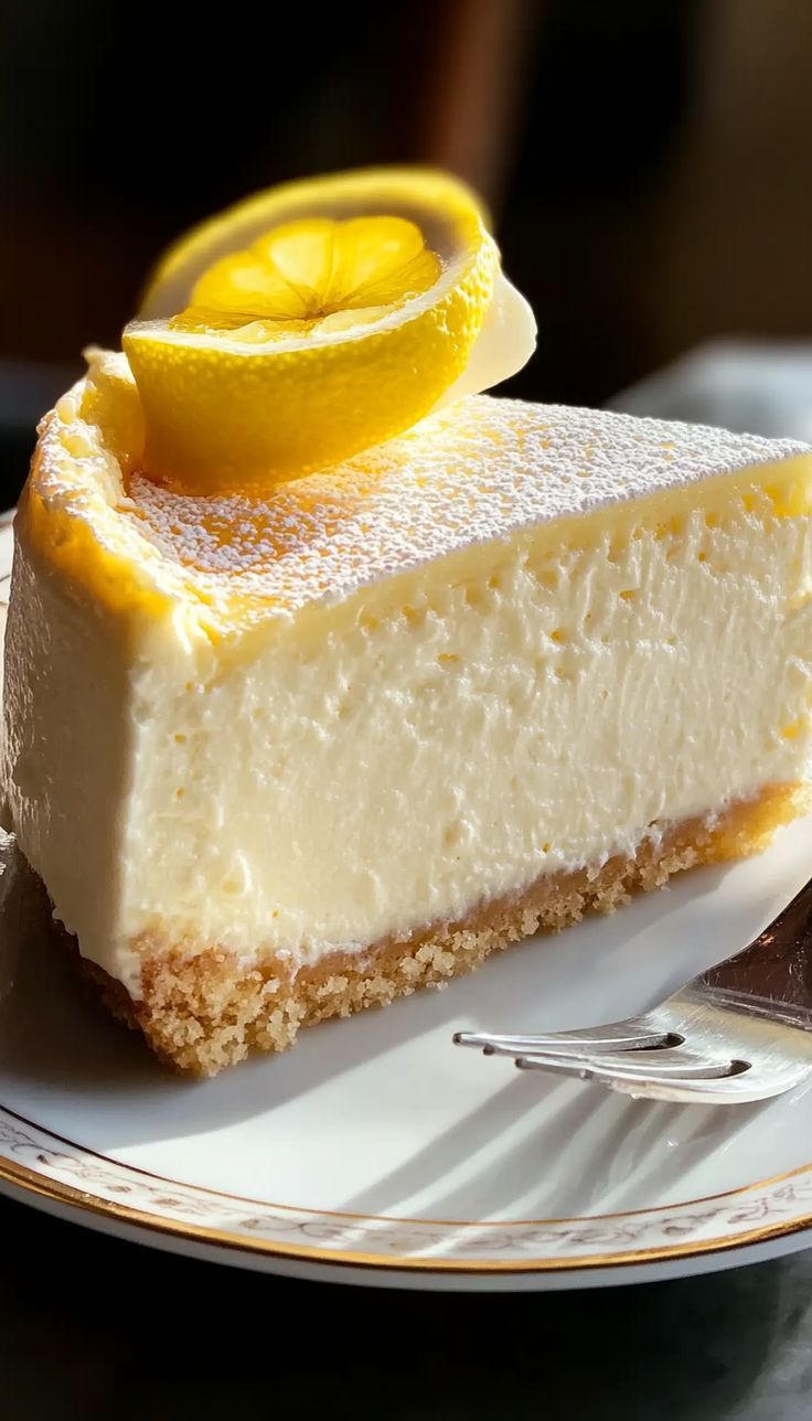 a slice of cheesecake on a plate with a fork