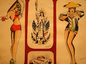 three pictures of women in bikinis and hats with tattoos on their arms, legs