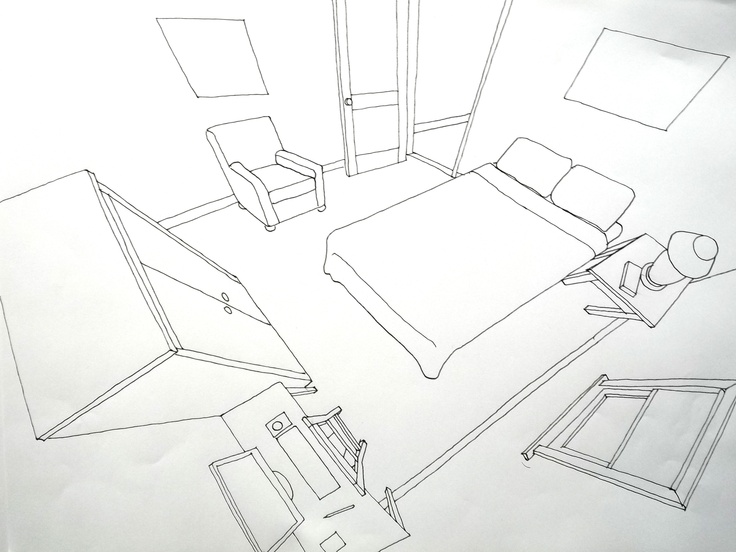 a drawing of a bedroom with a bed, chair and desk in the middle of it