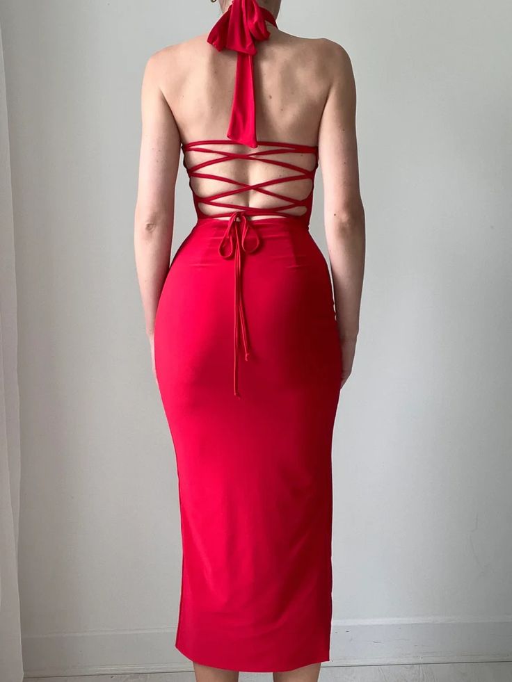 Mayfair Maxi Dress – AYM USD Fitted Tie-back Midi Dress For Date Night, Fitted Strappy Halter Dress, Red Fitted Backless Dress With Tie Back, Fitted Red Backless Dress With Tie Back, Prom Midi Dress With Lace-up Back, Chic Strappy Halter Dress With Tie Back, Elegant Strappy Halter Dress For Spring, Evening High Neck Dress With Tie Back, Elegant Fitted Strappy Halter Dress