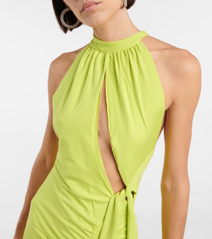 Merle Cutout Halterneck Dress in Green - Rotate Birger Christensen | Mytheresa Halter Neck Cutout Maxi Dress For Night Out, Summer Stretch Halter Dress In Elastane, Backless Ruched Elastane Mini Dress, Stretch Summer Halter Dress, Green Stretch Dress With Tie Back, Fitted Halter Neck Maxi Dress With Tie Back, Stretch Backless Midi Dress With Back Opening, Cutout Stretch Dresses Made Of Elastane, Stretch Elastane Halter Dress For Summer