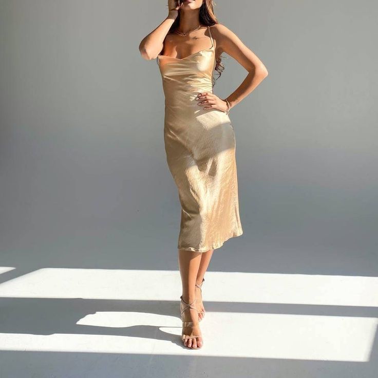 "Gold silk slip open back dress for you ❤️" Dress For Performance, Backless Cocktail Dress, Midi Bridesmaid Dress, Date Dress, Green Silk Dresses, Gold Bridesmaid Dresses, Beige Dress, Date Dresses, Open Back Dress