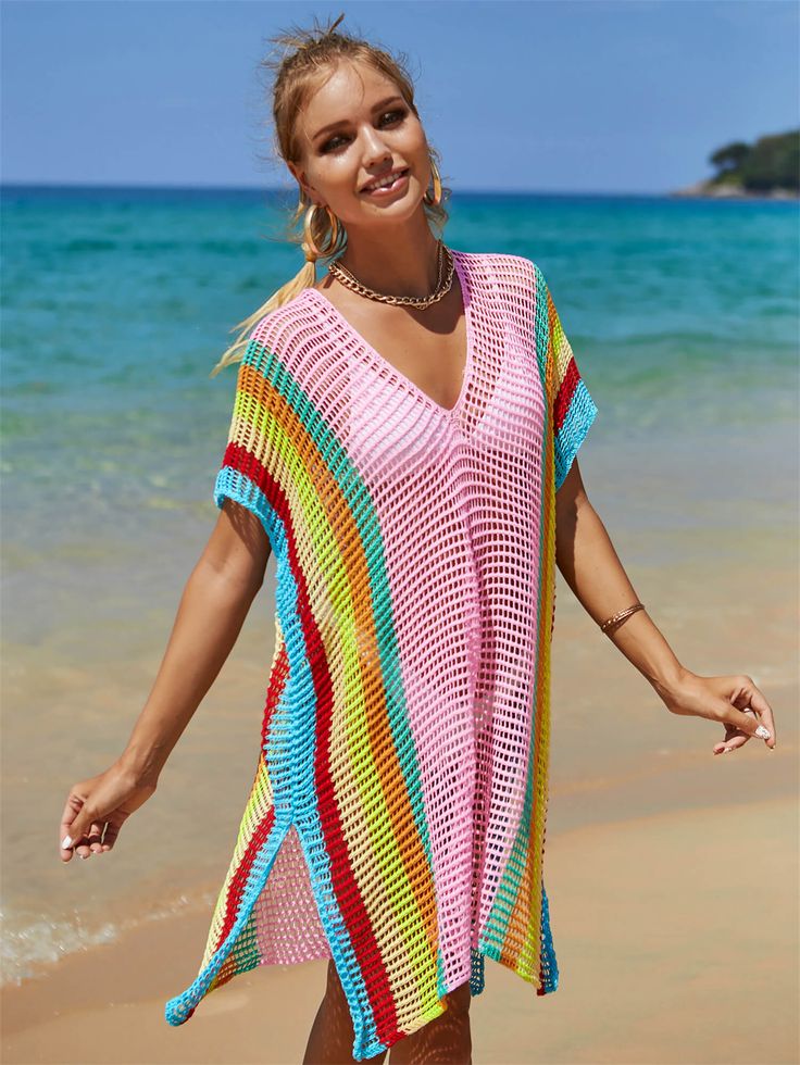 This oversized knit sweater is perfect for a day at the beach or a casual night out. With its playful stripes and comfortable fit, you'll feel stylish and relaxed all day long. Made from high-quality materials, this sweater is a must-have for any beach style wardrobe. Size Guide: Model is 5’8” tall, and has a 34.2” bust, 24.9”waist, & 37.7” hips. She is wearing a S / US 4 / AU 8. This sweater is true to size. Material: 100% Polyester. Key Features: V-Neckline. Short sleeve. Coverup. Crochet Knit. Side Slits. Not lined. Oversized fit. Maternity friendly. No closures. Care Instructions: Machine wash / Cold hand wash Knitted Rainbow, Holiday Bikinis, Oversized Knit Sweater, Casual Night Out, Style Boho, Pink Sweater, Beach Style, Piece Of Clothing, Season Summer