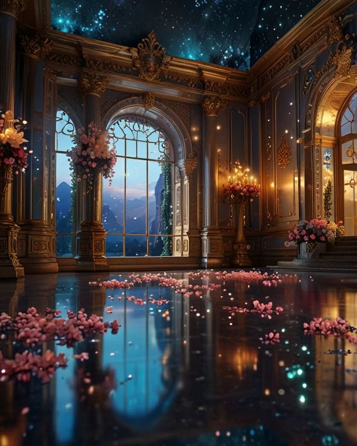 a room filled with lots of windows and pink flowers on the floor in front of it