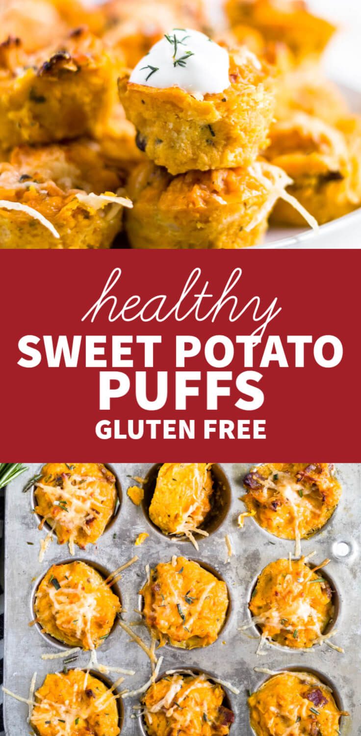 healthy sweet potato puffs in muffin tins with text overlay that reads healthy sweet potato puffs gluten free