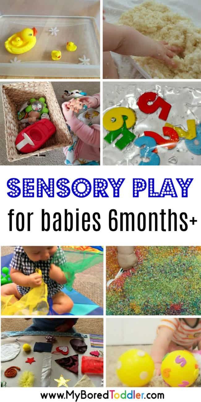 a collage of different activities for babies and toddlers with text overlay that reads, sensory play for babies 5 months +