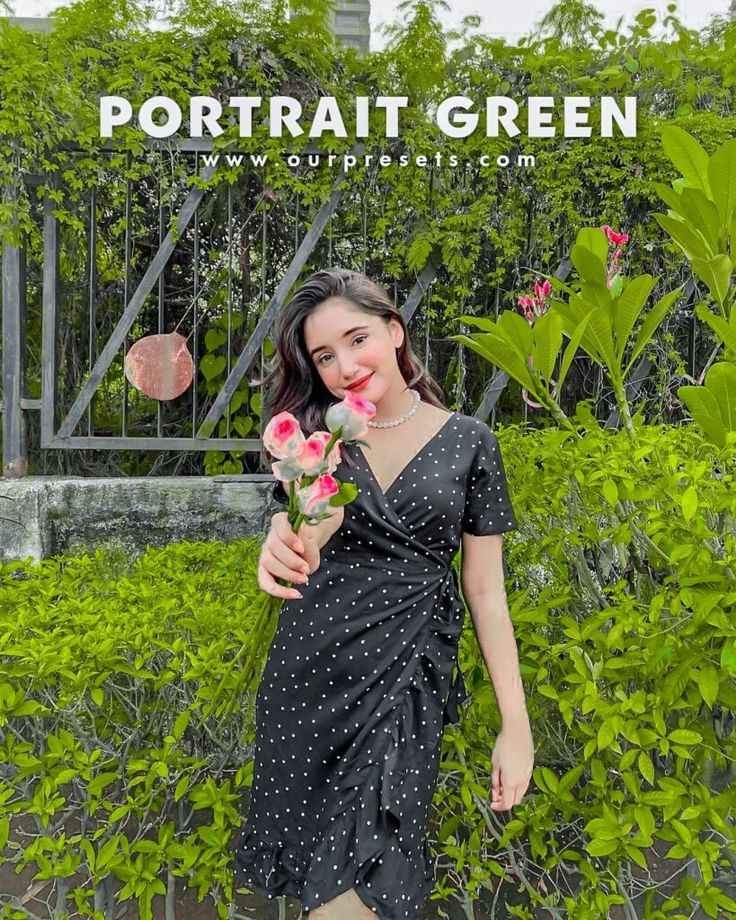 a woman holding flowers in her hand and posing for the camera with text overlay that reads portrait green