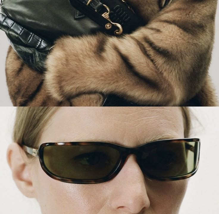 a woman wearing sunglasses and a fur stole around her neck, with the same image in two different frames