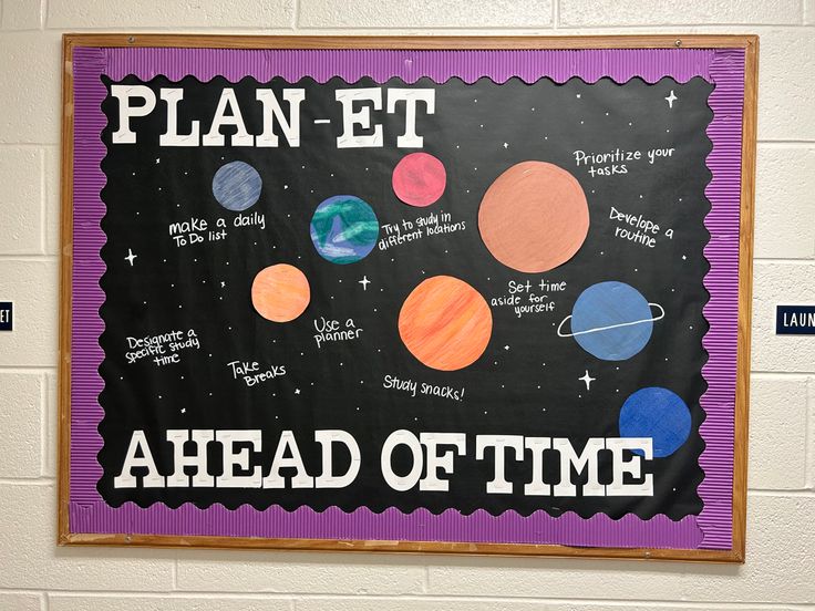 a bulletin board with planets and the words planet ahead of time written in white letters