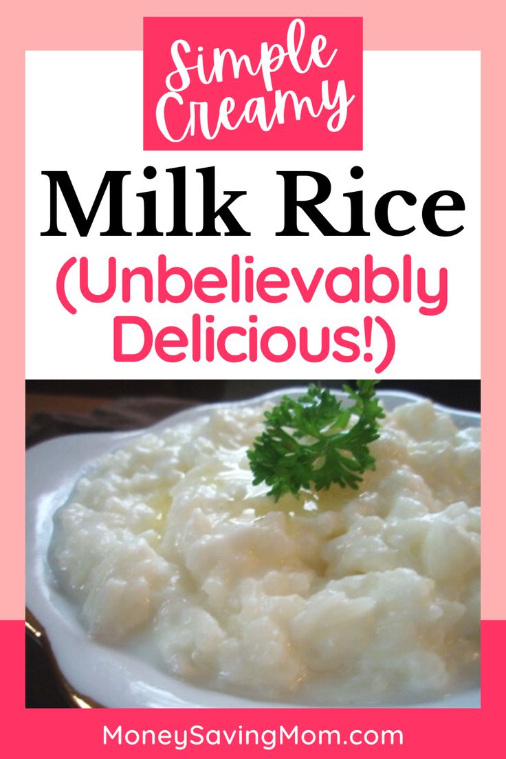 a white bowl filled with milk rice on top of a pink and white tablecloth